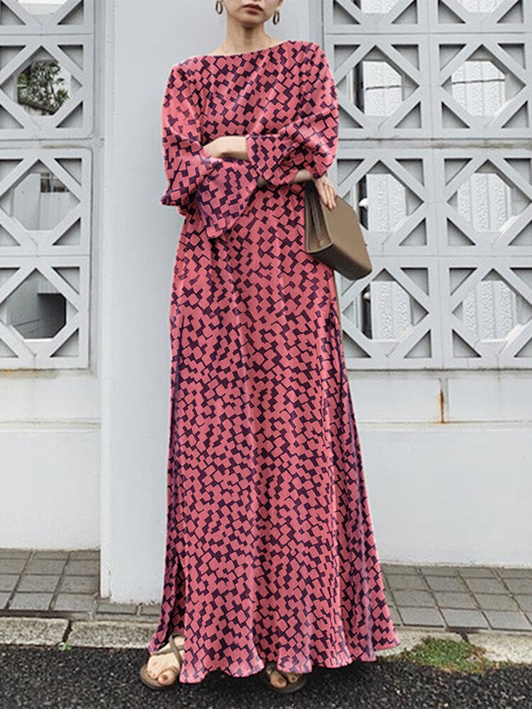 Geo Print Long Sleeve Slit Side Crew Neck Maxi Dress Geo Print Long Sleeve Slit Side Crew Neck Maxi Dress