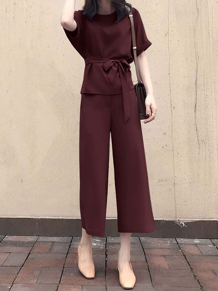 Solid Belt Pocket Rolled Sleeve Wide Leg Two Pieces Suit Solid Belt Pocket Rolled Sleeve Wide Leg Two Pieces Suit
