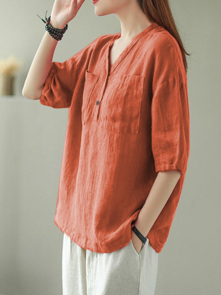 Solid Button Pocket V Neck Half Sleeve Casual Cotton Blouse Solid Button Pocket V Neck Half Sleeve Casual Cotton Blouse