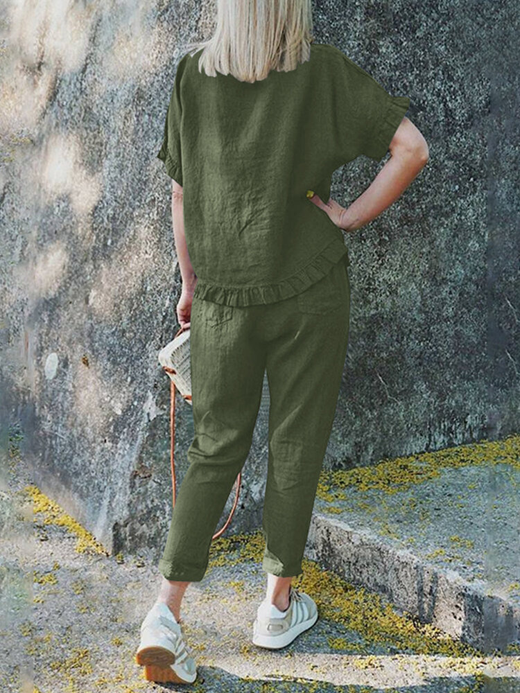 Solid Ruffle Pocket Half Sleeve Round Neck Suit Solid Ruffle Pocket Half Sleeve Round Neck Suit