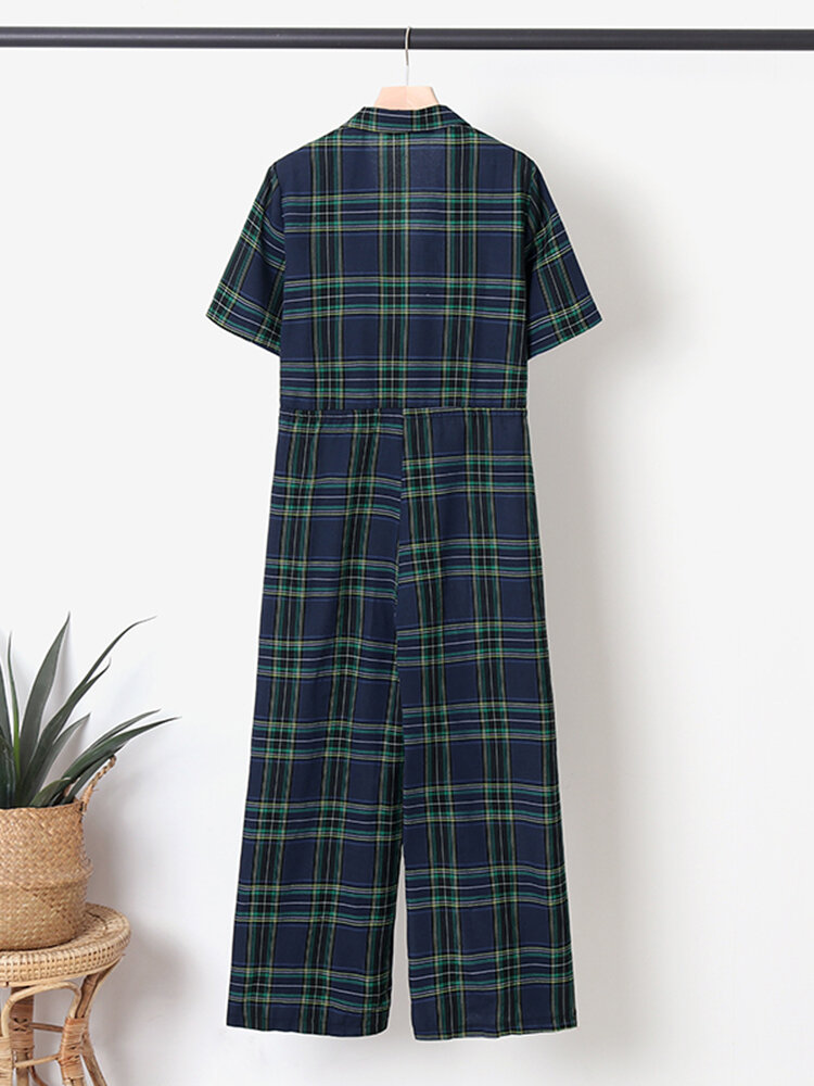Plaid Print Button Pocket Short Sleeve Wide Leg Jumpsuit Plaid Print Button Pocket Short Sleeve Wide Leg Jumpsuit