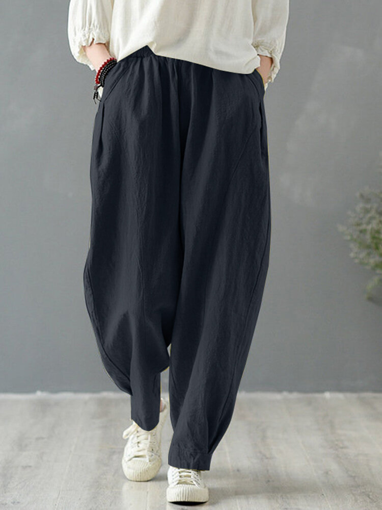 Solid Cotton Pocket Elastic Waist Casual Loose Pants Solid Cotton Pocket Elastic Waist Casual Loose Pants
