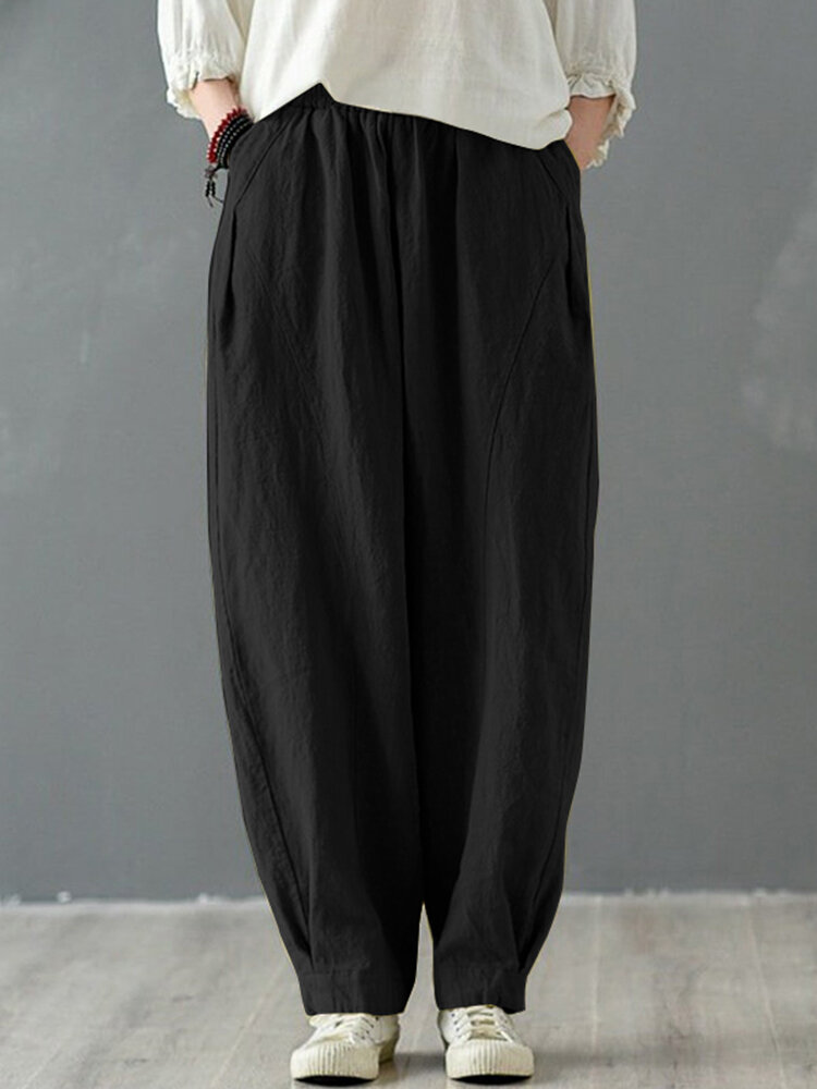 Solid Cotton Pocket Elastic Waist Casual Loose Pants Solid Cotton Pocket Elastic Waist Casual Loose Pants