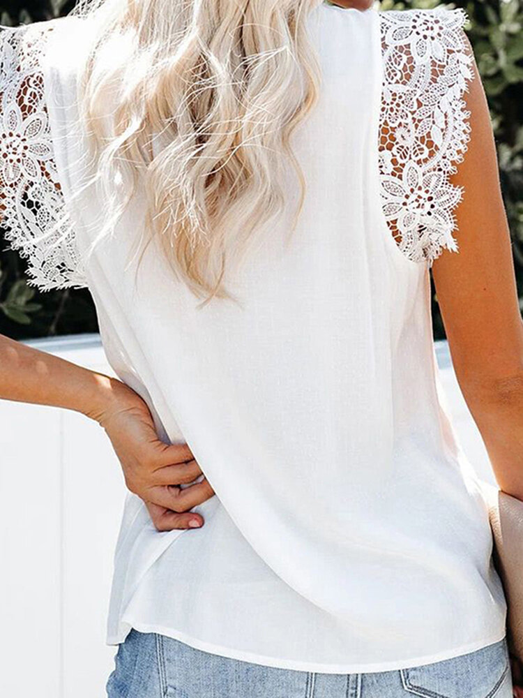 Solid Lace Patchwork V Neck Casual Blouse