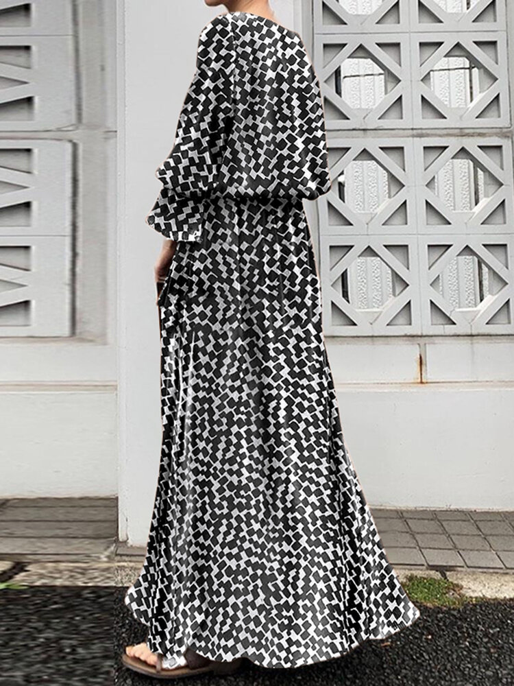Geo Print Long Sleeve Slit Side Crew Neck Maxi Dress Geo Print Long Sleeve Slit Side Crew Neck Maxi Dress