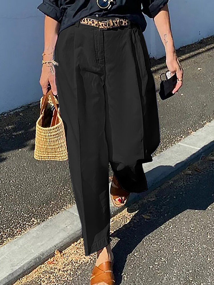 Women Zipper Pleated Commute Button Side Pocket Solid Casual Pants Women Zipper Pleated Commute Button Side Pocket Solid Casual Pants