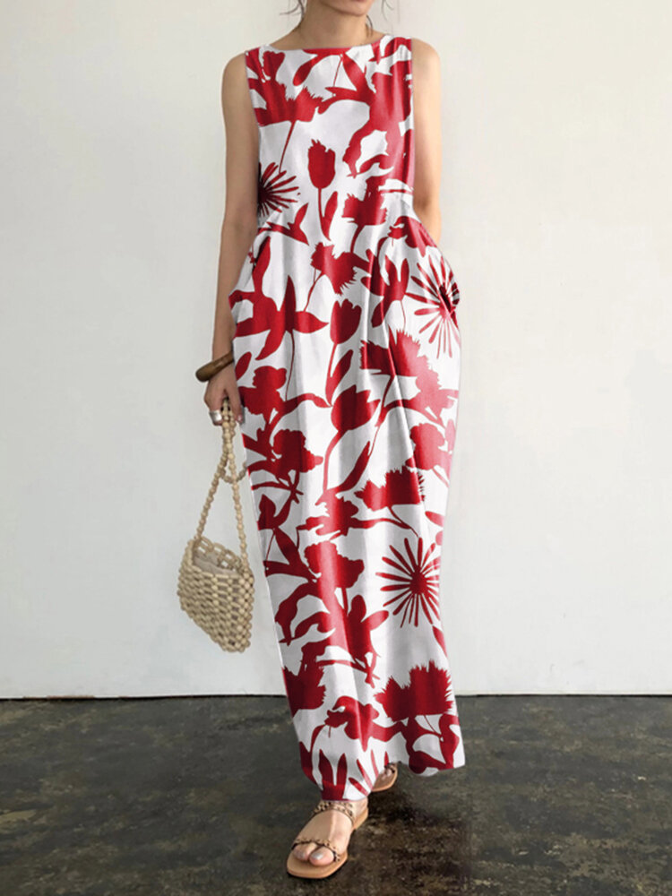 Plant Print Pocket Round Neck Sleeveless Print Dress Plant Print Pocket Round Neck Sleeveless Print Dress