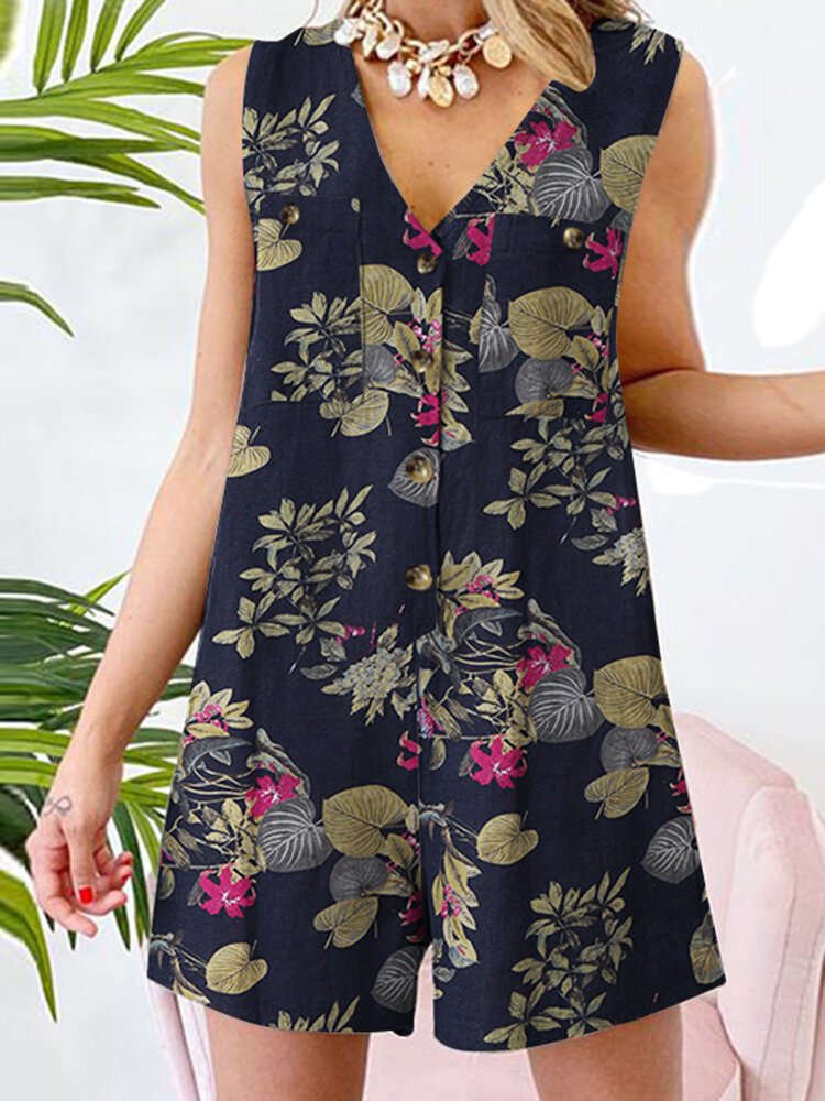 Sleeveless Button Print Flower Pocket Regular Fit Jumpsuit Sleeveless Button Print Flower Pocket Regular Fit Jumpsuit
