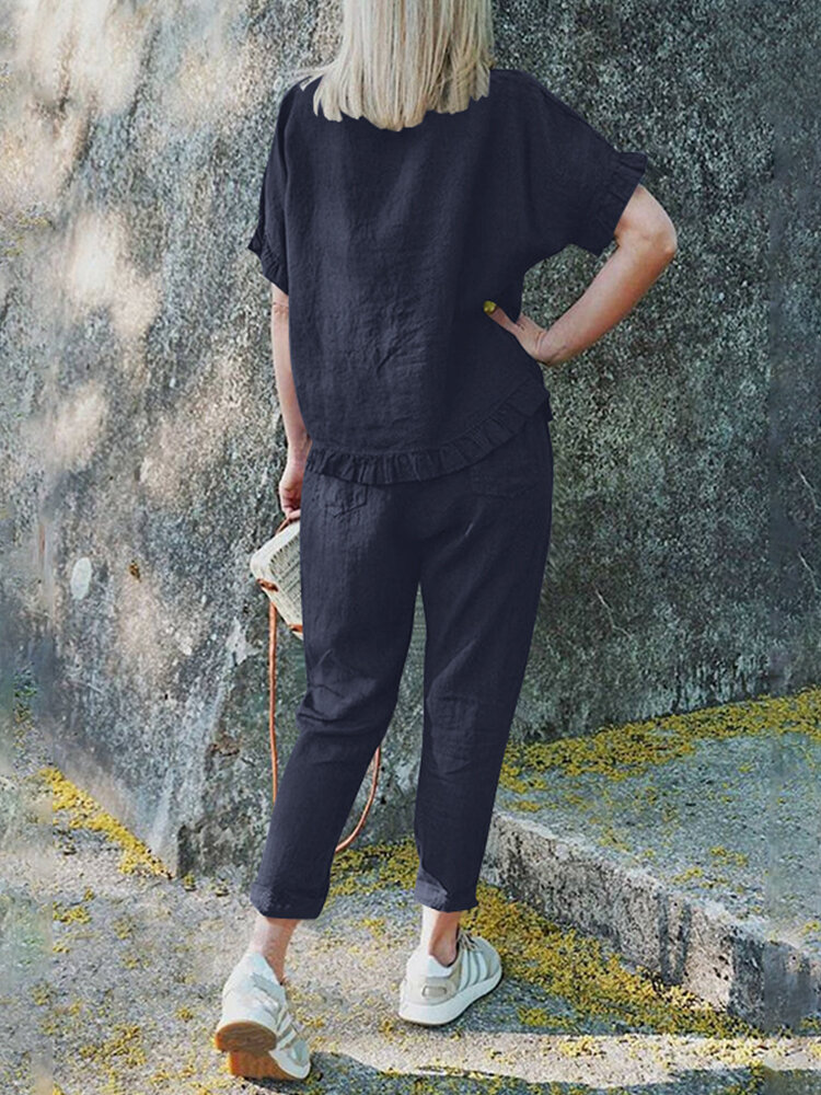 Solid Ruffle Pocket Half Sleeve Round Neck Suit