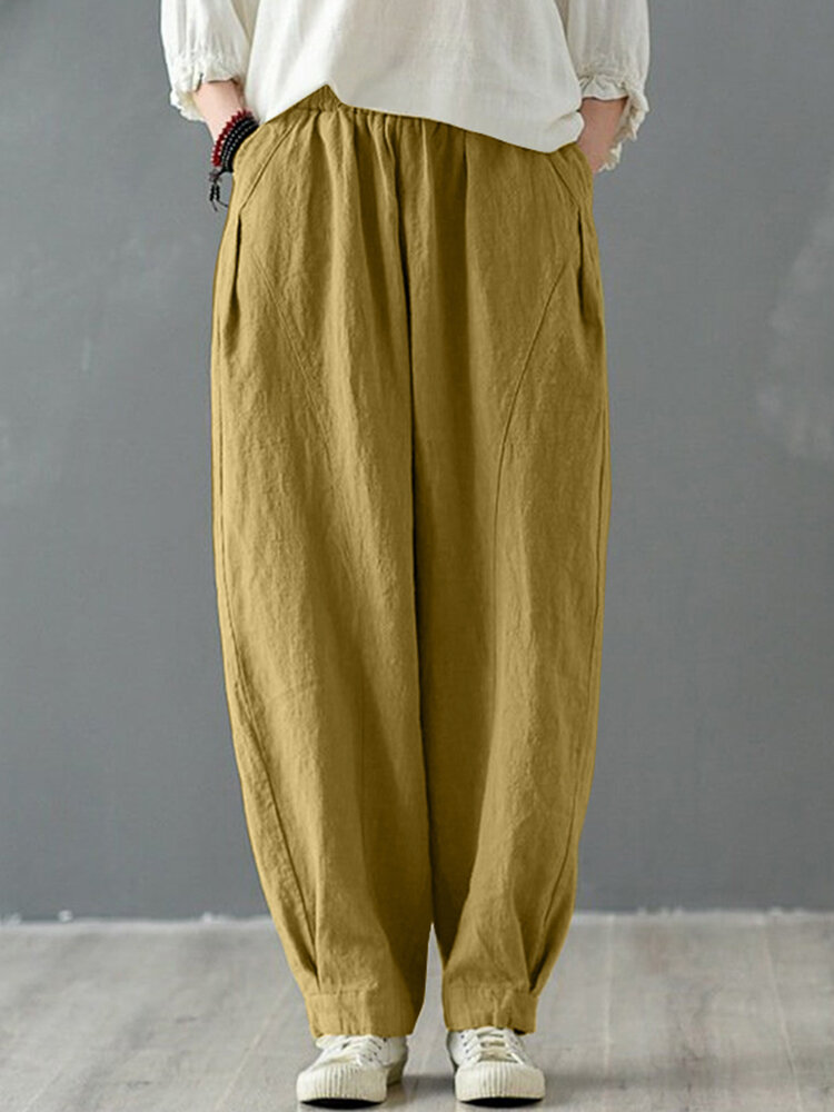 Solid Cotton Pocket Elastic Waist Casual Loose Pants Solid Cotton Pocket Elastic Waist Casual Loose Pants