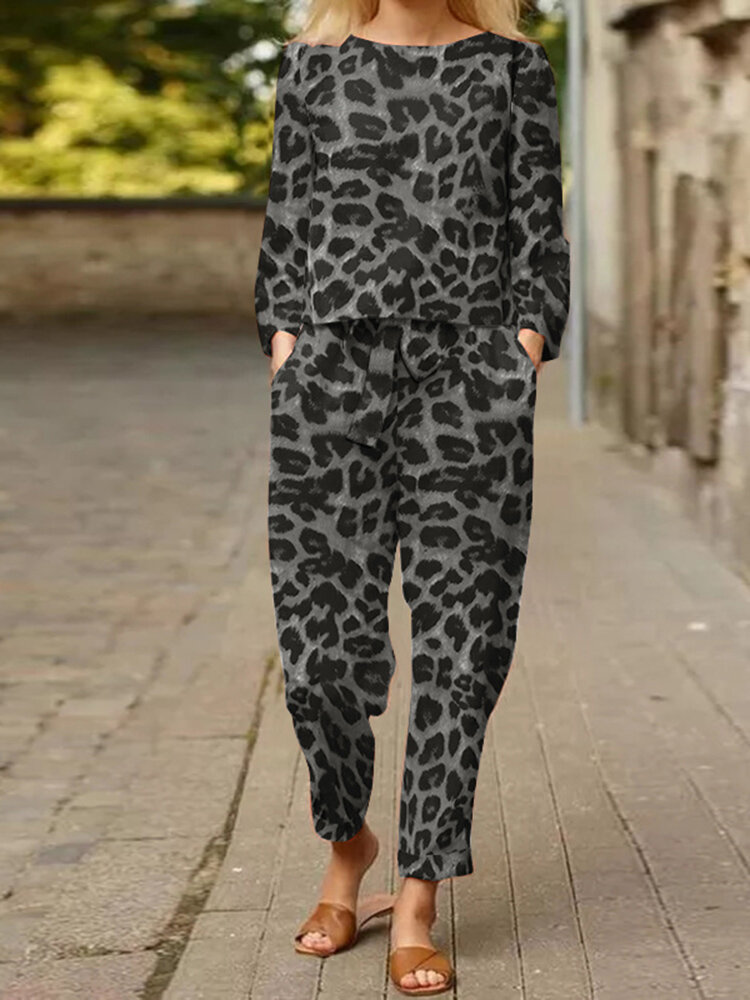 Leopard Print Pocket Tie Long Sleeve Elastic Waist Two Pieces Set