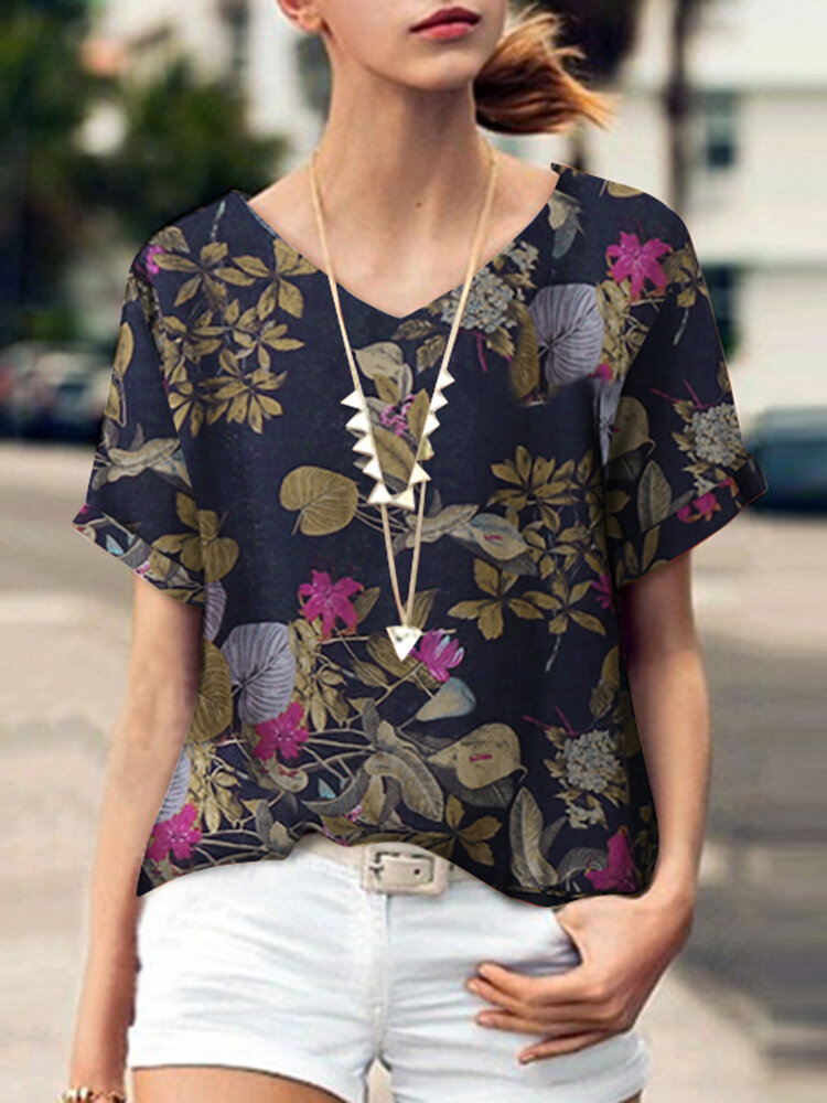 Plant Print V Neck Short Sleeve Casual Blouse Plant Print V Neck Short Sleeve Casual Blouse