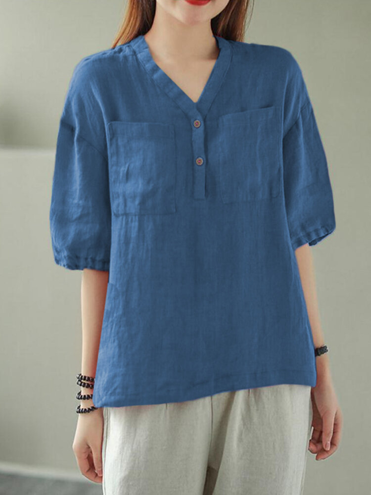 Solid Button Pocket V Neck Half Sleeve Casual Cotton Blouse Solid Button Pocket V Neck Half Sleeve Casual Cotton Blouse