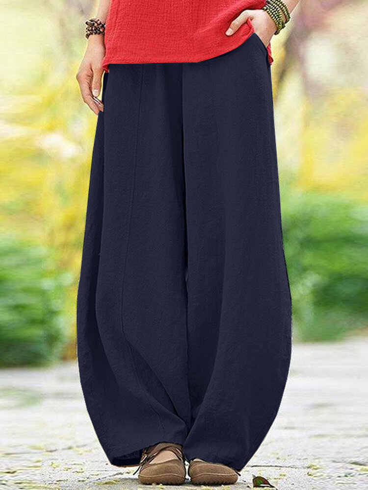 Solid Pocket Elastic Waist Cotton Casual Pants Solid Pocket Elastic Waist Cotton Casual Pants