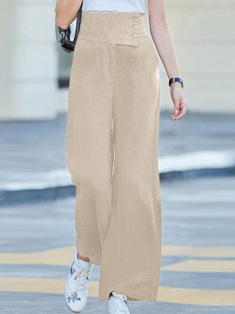 Solid Pocket Button Wide Leg High Waist Casual Pants Solid Pocket Button Wide Leg High Waist Casual Pants