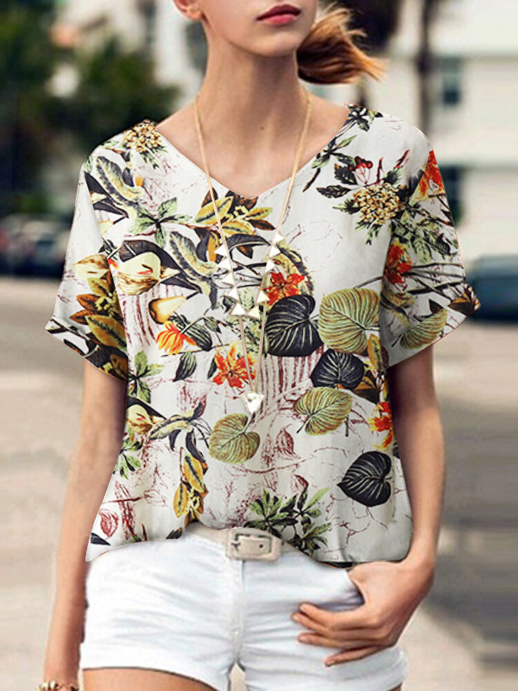 Plant Print V Neck Short Sleeve Casual Blouse