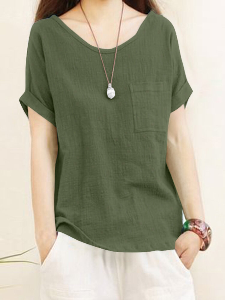 Solid Pocket Roll Short Sleeve Round Neck Casual Blouse Solid Pocket Roll Short Sleeve Round Neck Casual Blouse
