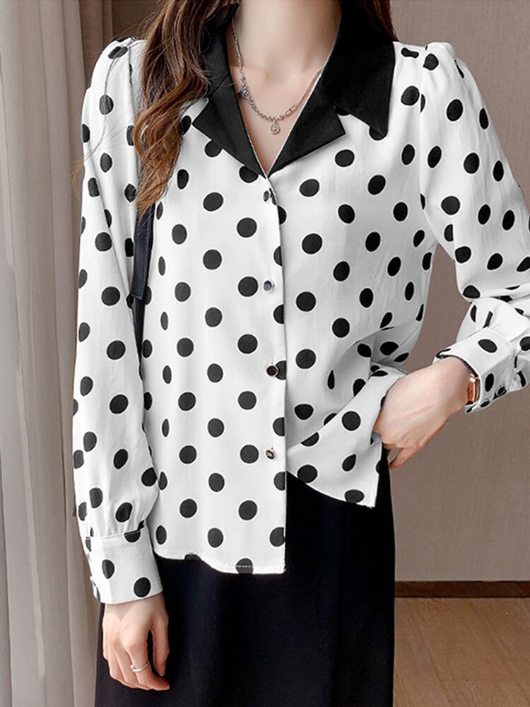 Polka Dot Contrast Color Lapel Button Long Sleeve Casual Shirt Polka Dot Contrast Color Lapel Button Long Sleeve Casual Shirt