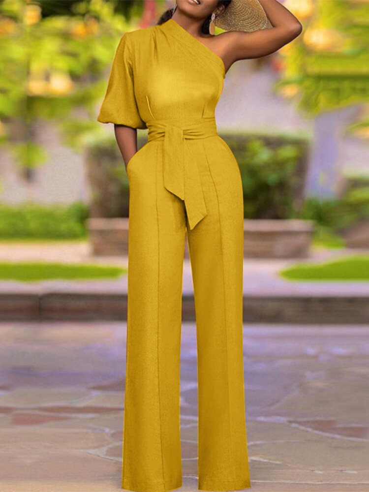 High Waist Solid Pocket Asymmetrical One Shoulder Jumpsuit High Waist Solid Pocket Asymmetrical One Shoulder Jumpsuit