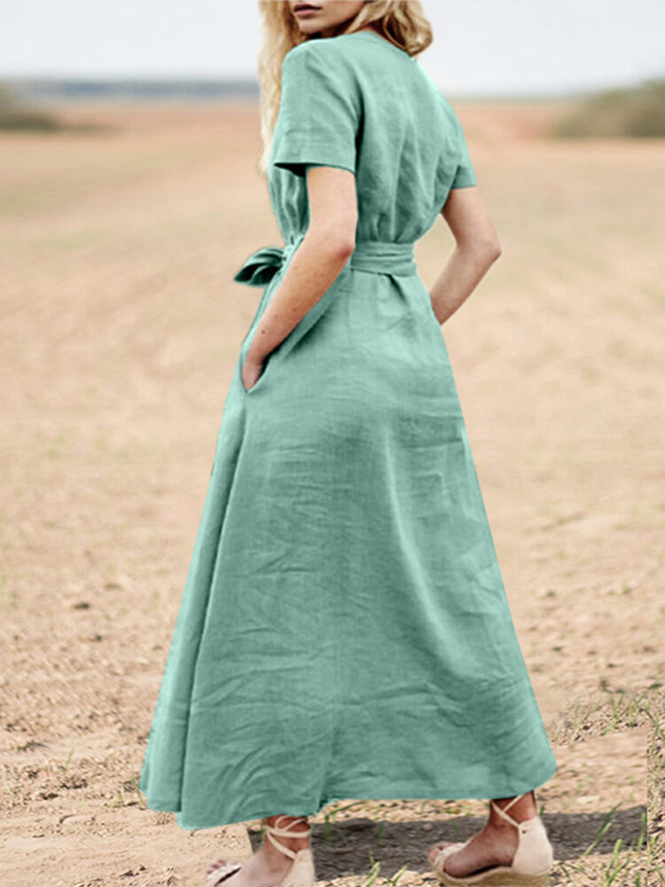 Solid Pocket Sash Short Sleeve Cotton Casual Maxi Dress Solid Pocket Sash Short Sleeve Cotton Casual Maxi Dress