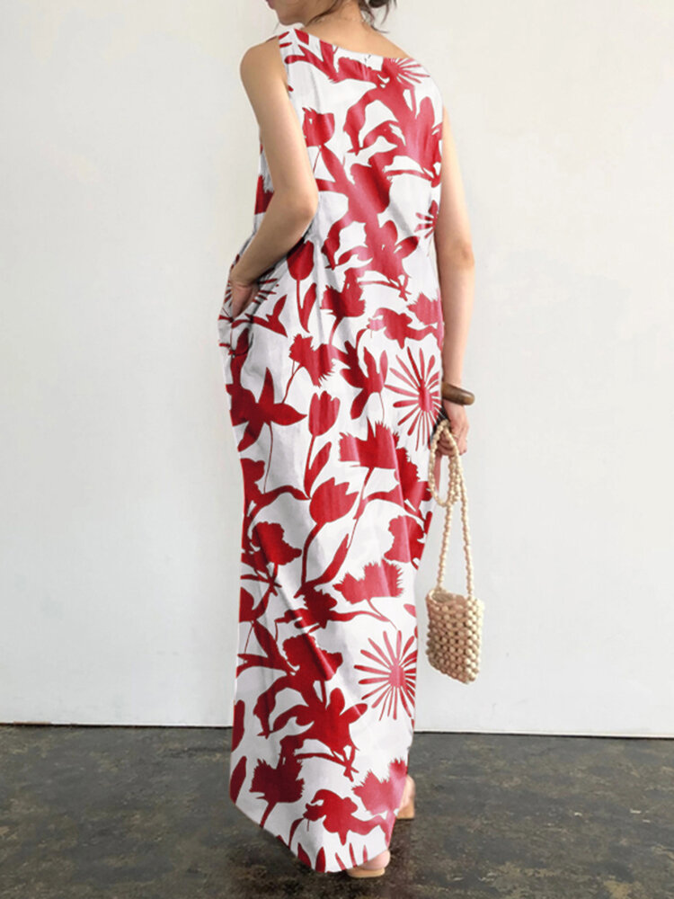 Plant Print Pocket Round Neck Sleeveless Print Dress Plant Print Pocket Round Neck Sleeveless Print Dress