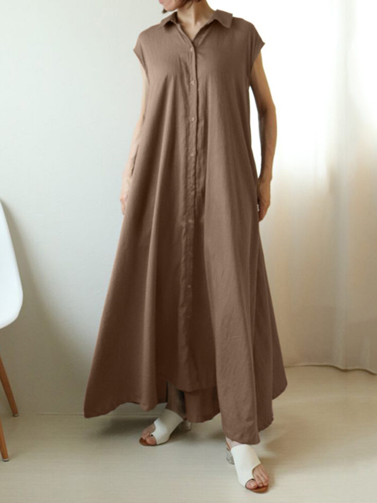 Solid Button Lapel Ruched Short Sleeve Maxi Shirt Dress