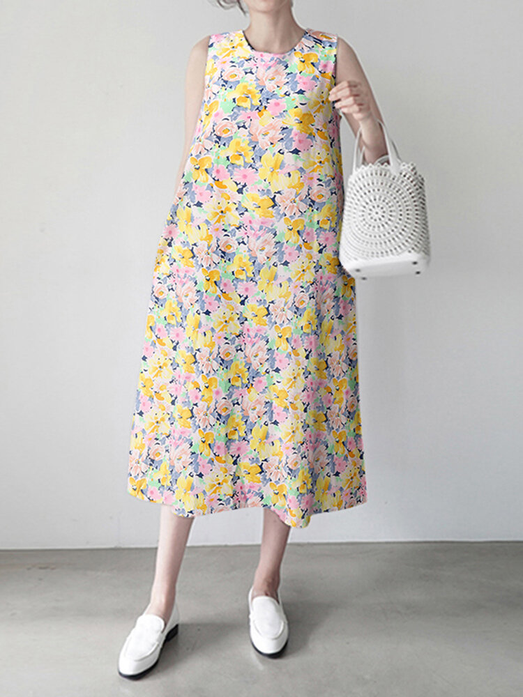 Calico Sleeveless Round Neck Print Dress