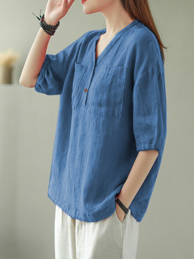 Solid Button Pocket V Neck Half Sleeve Casual Cotton Blouse Solid Button Pocket V Neck Half Sleeve Casual Cotton Blouse