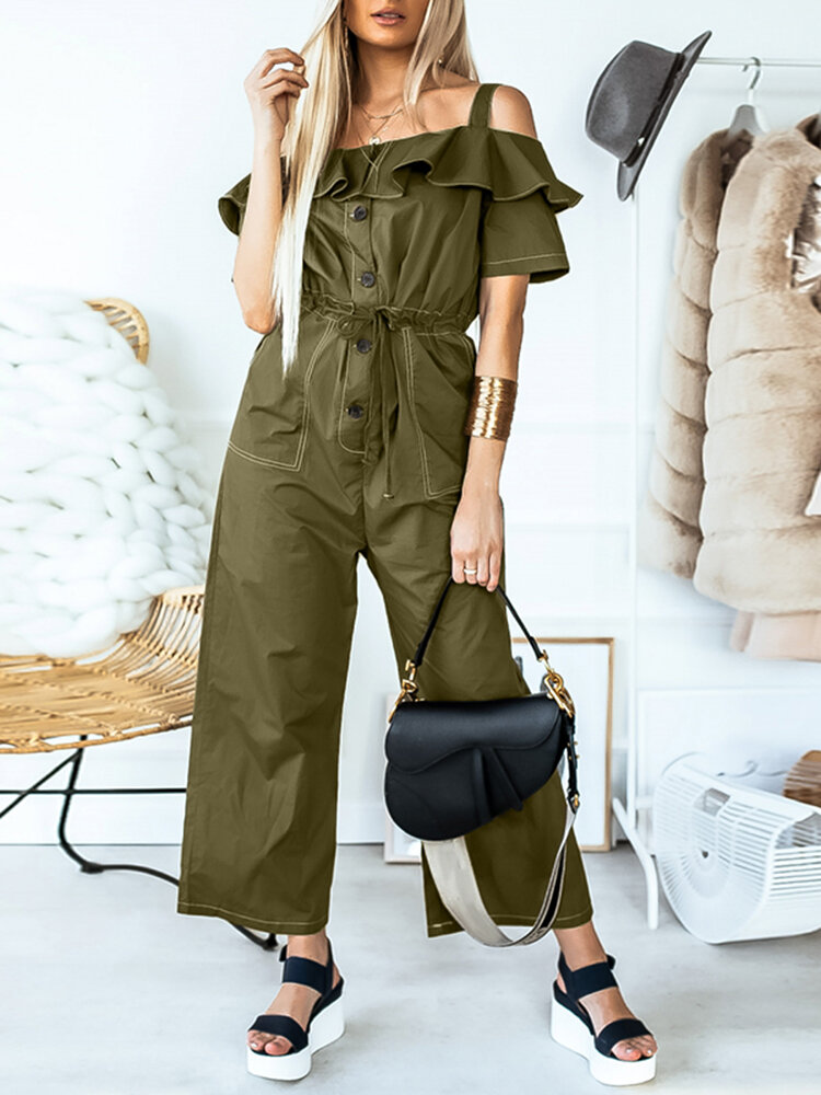 Solid Color Button Pocket Drawstring Off shoulder Ruffle Casual Jumpsuit Solid Color Button Pocket Drawstring Off shoulder Ruffle Casual Jumpsuit