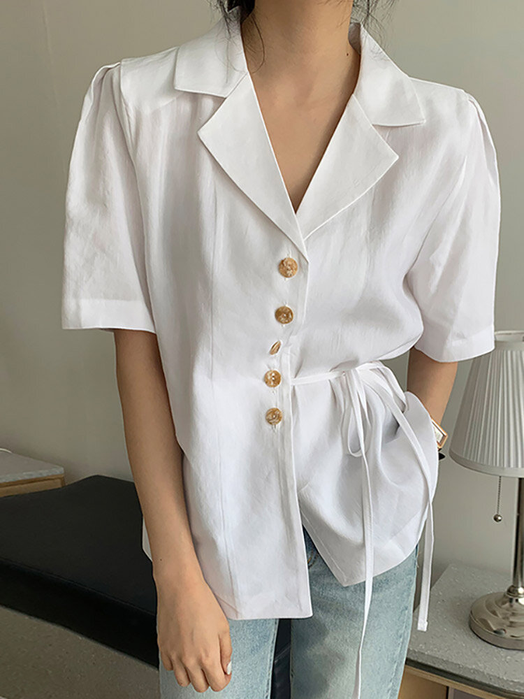 Solid Button Tie Up Lapel Short Sleeve Casual Cotton Blouse Solid Button Tie Up Lapel Short Sleeve Casual Cotton Blouse
