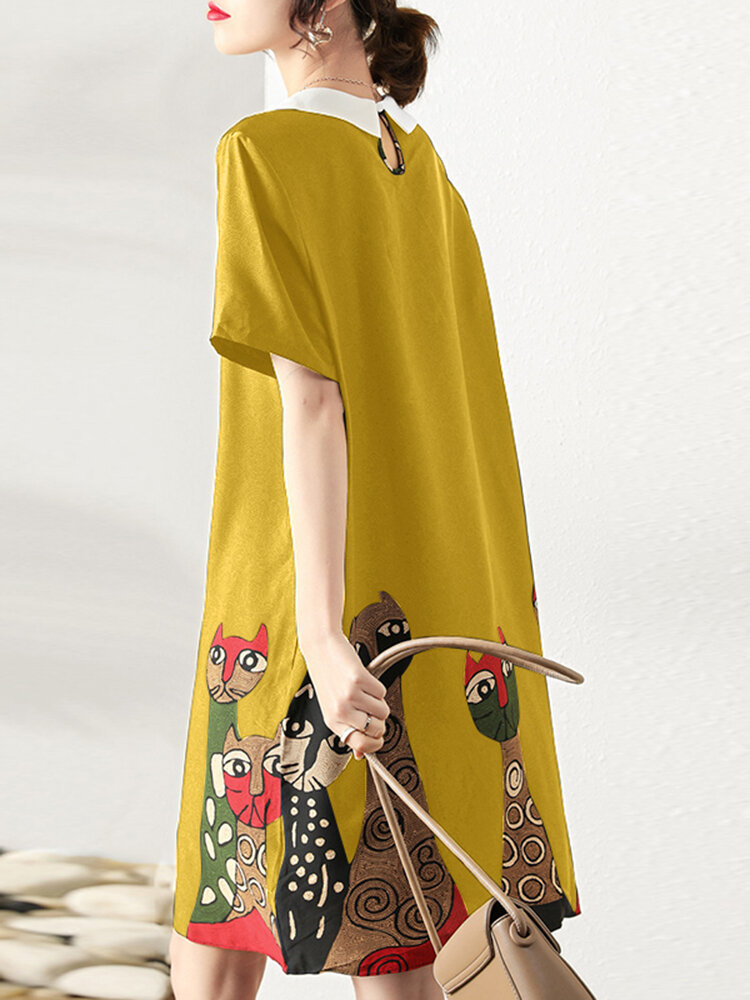 Cartoon Cat Print Contrast Peter Pan Collar Short Sleeve Dress Cartoon Cat Print Contrast Peter Pan Collar Short Sleeve Dress