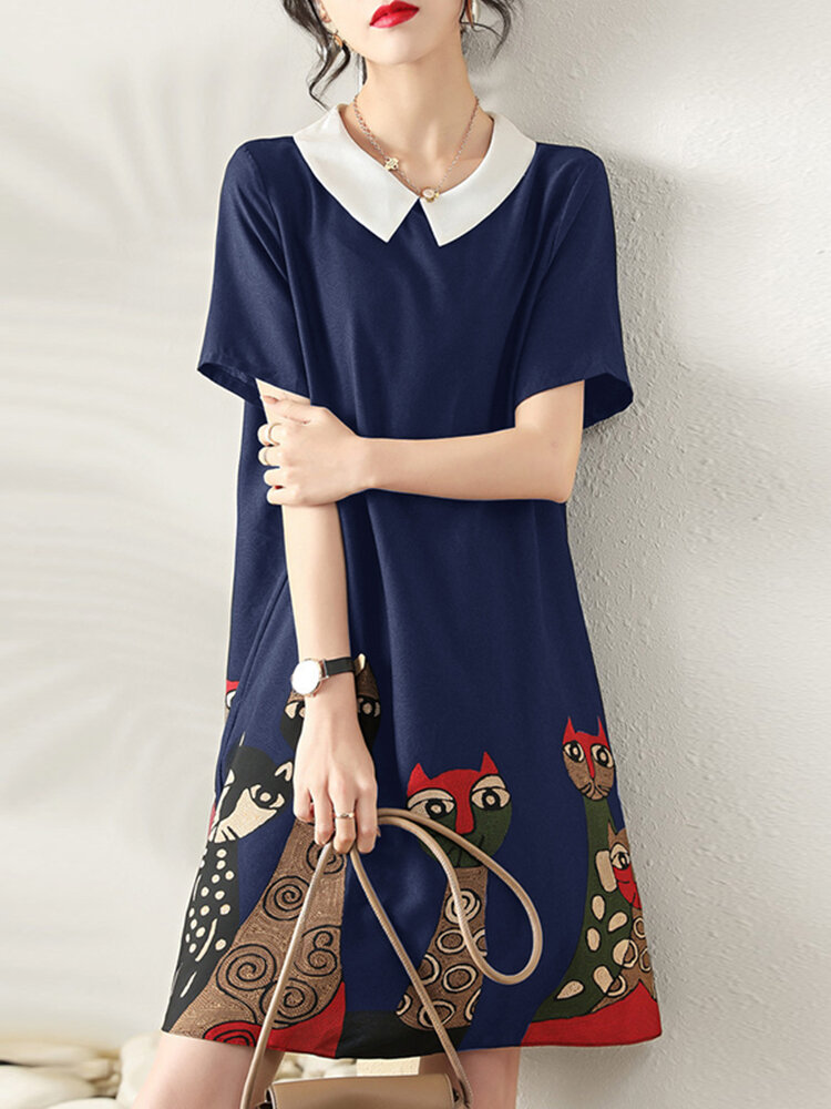 Cartoon Cat Print Contrast Peter Pan Collar Short Sleeve Dress