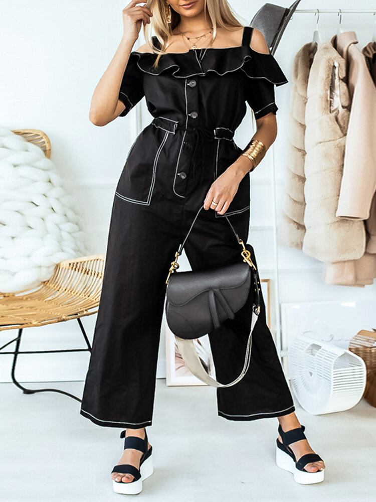 Solid Color Button Pocket Drawstring Off shoulder Ruffle Casual Jumpsuit Solid Color Button Pocket Drawstring Off shoulder Ruffle Casual Jumpsuit