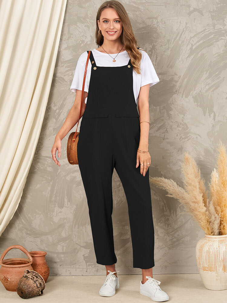 Solid Pocket Sleeveless Button Casual Jumpsuit For Women Solid Pocket Sleeveless Button Casual Jumpsuit For Women