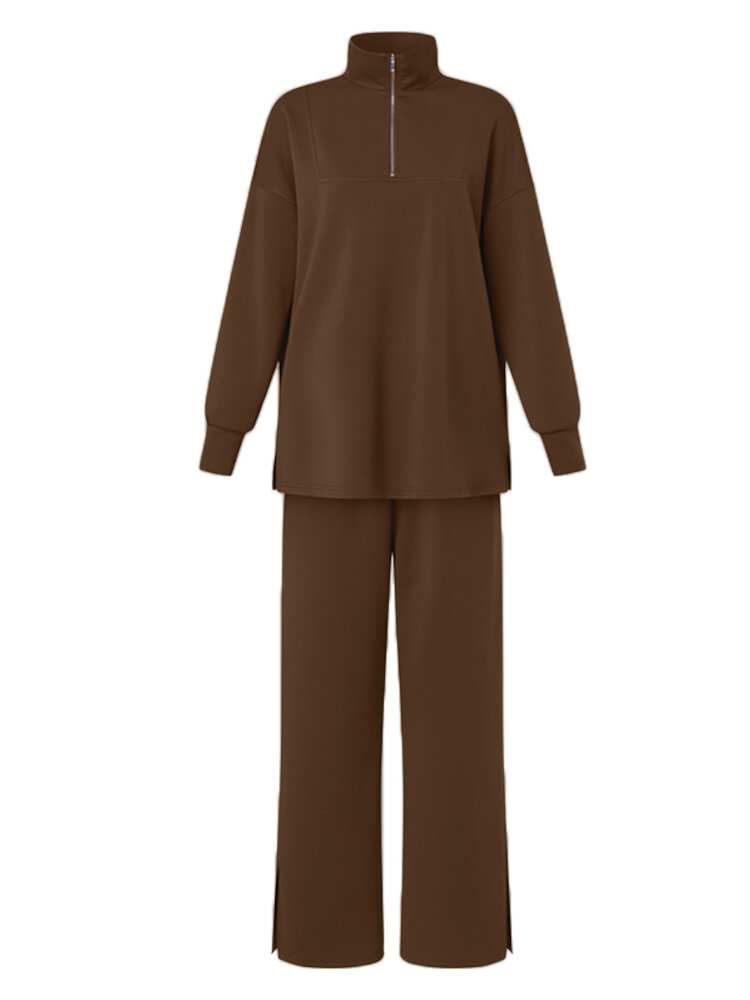 Women Turtleneck Solid Color Ankle Length Zipper Elastic Waist Two Piece Sets Women Turtleneck Solid Color Ankle Length Zipper Elastic Waist Two Piece Sets