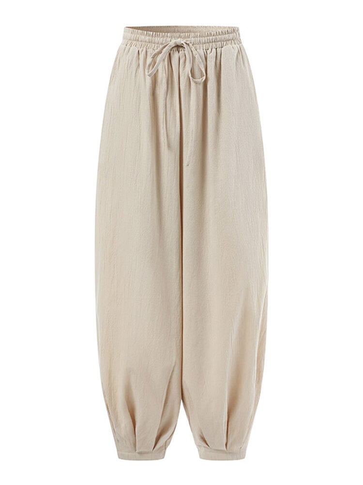 Solid Elastic Waist Drawstring Pocket Cotton Casual Pants Solid Elastic Waist Drawstring Pocket Cotton Casual Pants