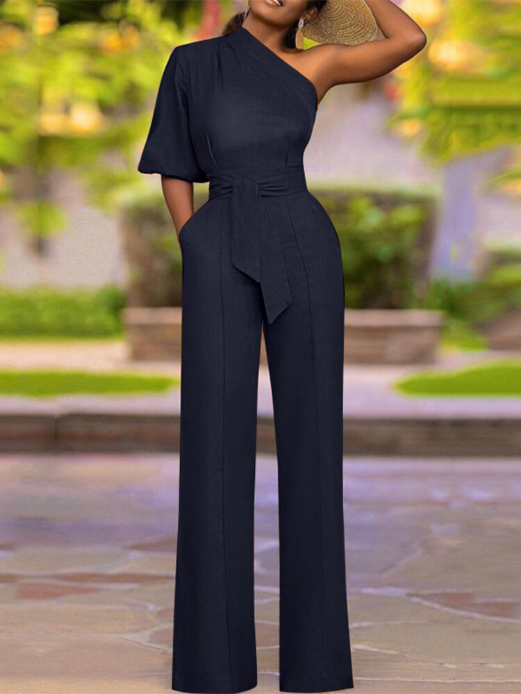 High Waist Solid Pocket Asymmetrical One Shoulder Jumpsuit High Waist Solid Pocket Asymmetrical One Shoulder Jumpsuit