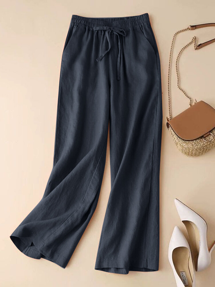 Solid Drawstring Pocket Elastic Waist Casual Pants