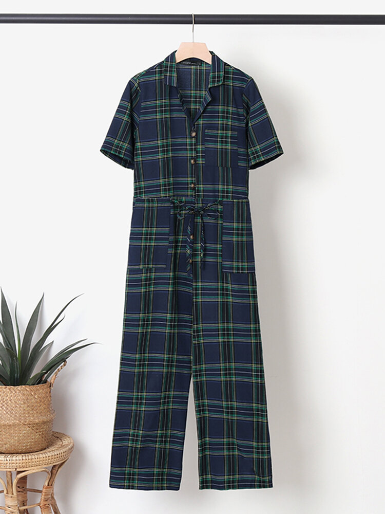 Plaid Print Button Pocket Short Sleeve Wide Leg Jumpsuit Plaid Print Button Pocket Short Sleeve Wide Leg Jumpsuit