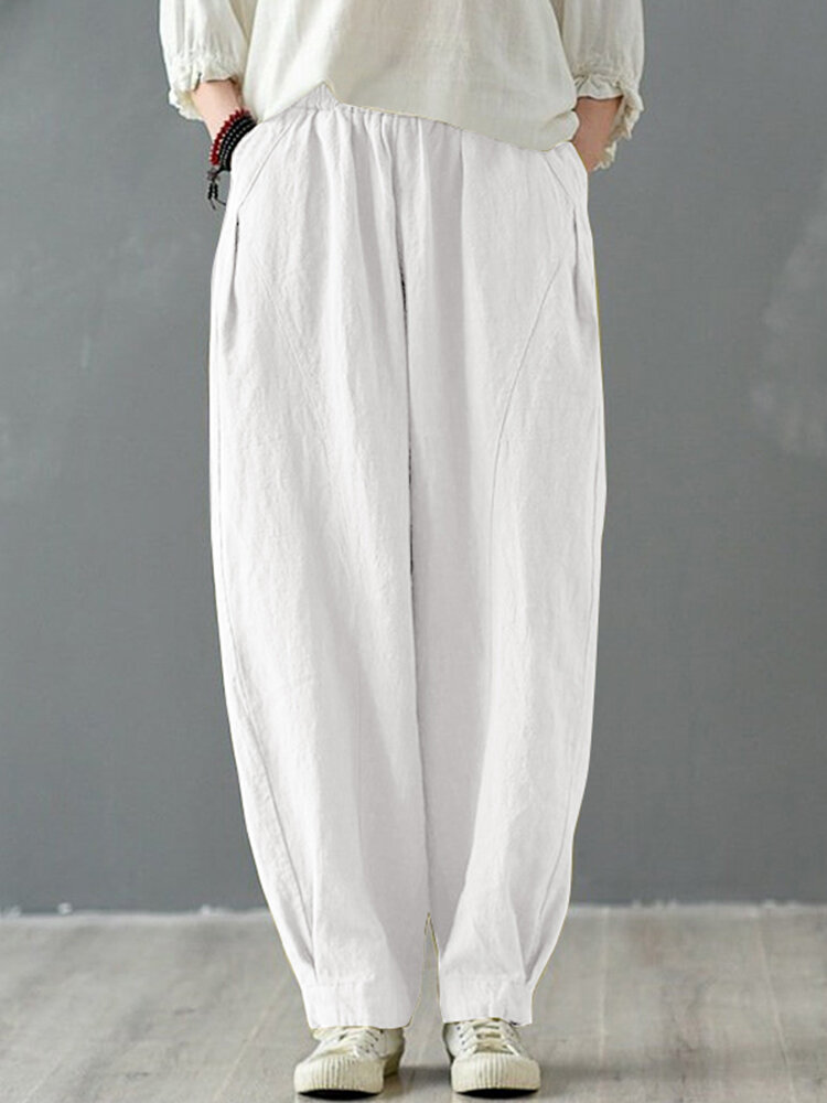 Solid Cotton Pocket Elastic Waist Casual Loose Pants Solid Cotton Pocket Elastic Waist Casual Loose Pants