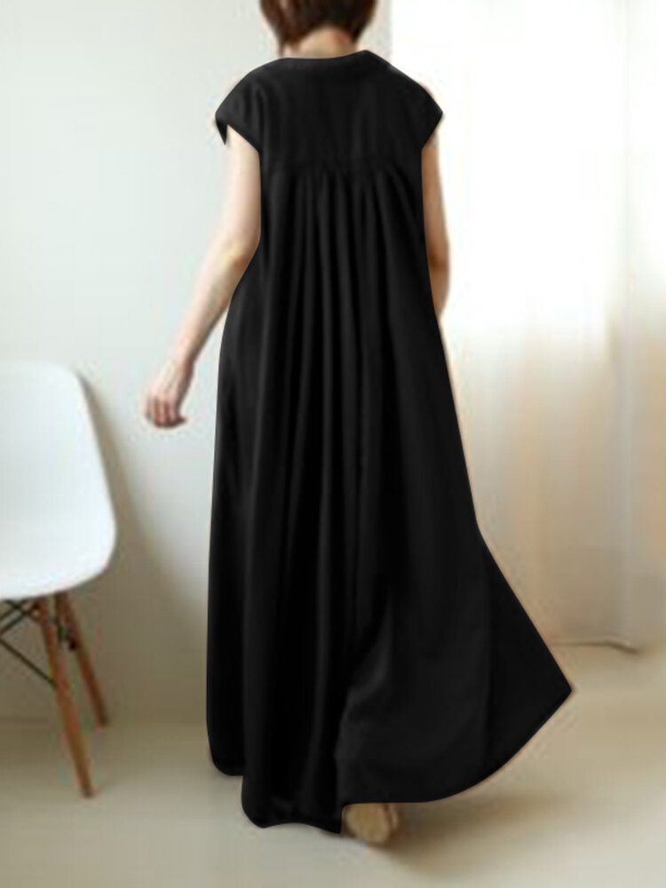 Solid Button Lapel Ruched Short Sleeve Maxi Shirt Dress Solid Button Lapel Ruched Short Sleeve Maxi Shirt Dress