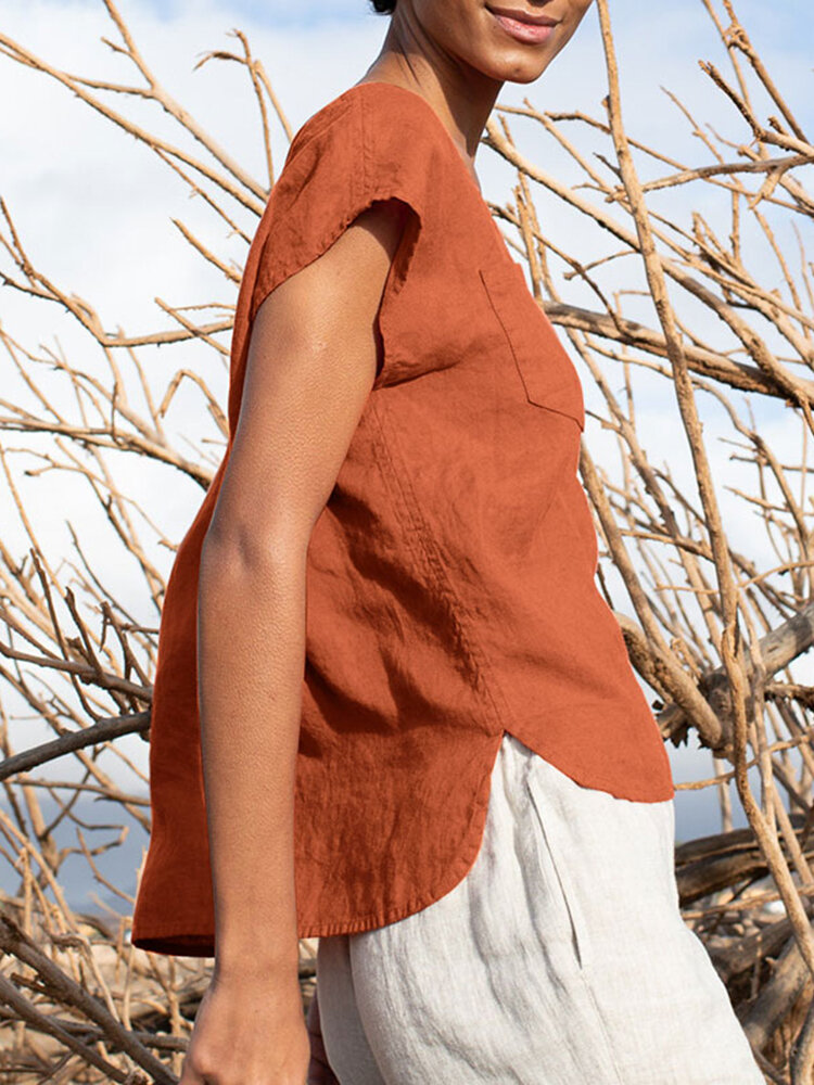 Solid Pocket Slit V  neck Short Sleeve Casual Blouse