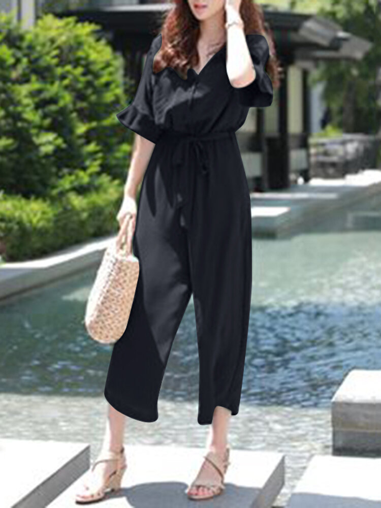 Solid Belt Pocket Button Ruffle Sleeve V neck Jumpsuit Solid Belt Pocket Button Ruffle Sleeve V neck Jumpsuit