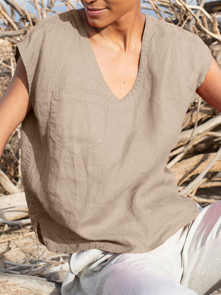 Solid Pocket Slit V neck Short Sleeve Casual Blouse Solid Pocket Slit V neck Short Sleeve Casual Blouse