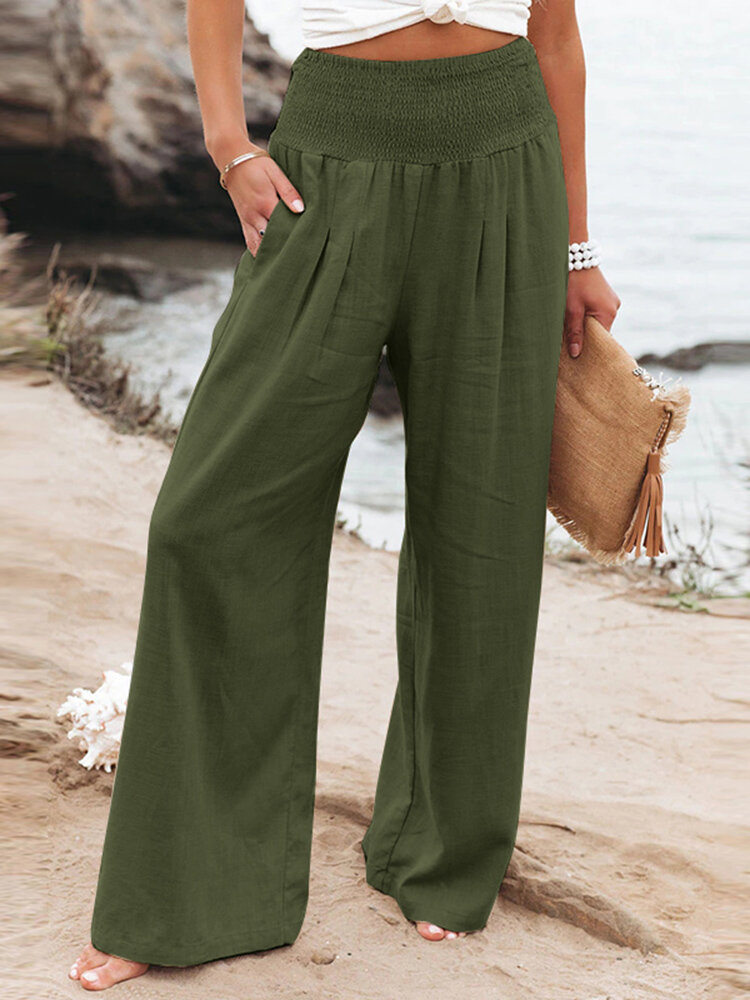 Leisure Solid Shirring Pocket Wide Leg Cotton Pants Leisure Solid Shirring Pocket Wide Leg Cotton Pants