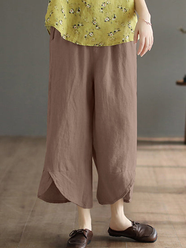 Solid Asymmetrical Hem Pocket Wide Leg Crop Pants Solid Asymmetrical Hem Pocket Wide Leg Crop Pants