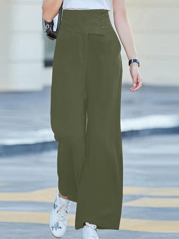 Solid Pocket Button Wide Leg High Waist Casual Pants Solid Pocket Button Wide Leg High Waist Casual Pants