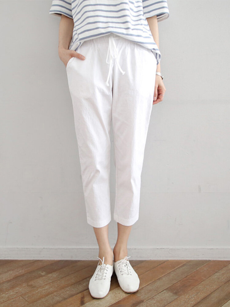 Leisure Solid Drawstring Pocket Cotton Casual Pants Leisure Solid Drawstring Pocket Cotton Casual Pants