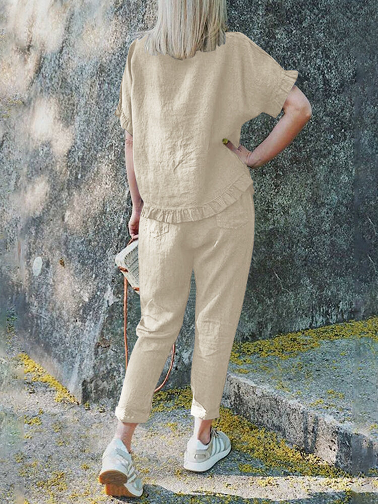 Solid Ruffle Pocket Half Sleeve Round Neck Suit Solid Ruffle Pocket Half Sleeve Round Neck Suit