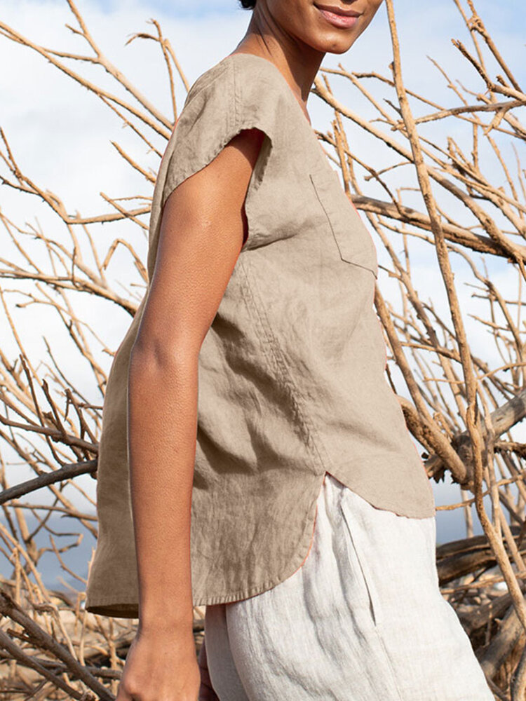 Solid Pocket Slit V neck Short Sleeve Casual Blouse Solid Pocket Slit V neck Short Sleeve Casual Blouse